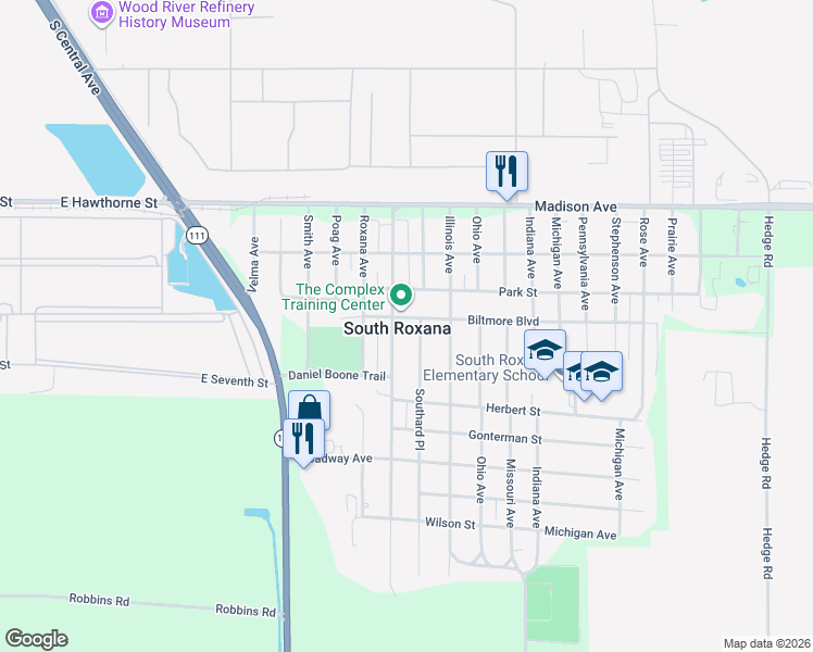 map of restaurants, bars, coffee shops, grocery stores, and more near in South Roxana