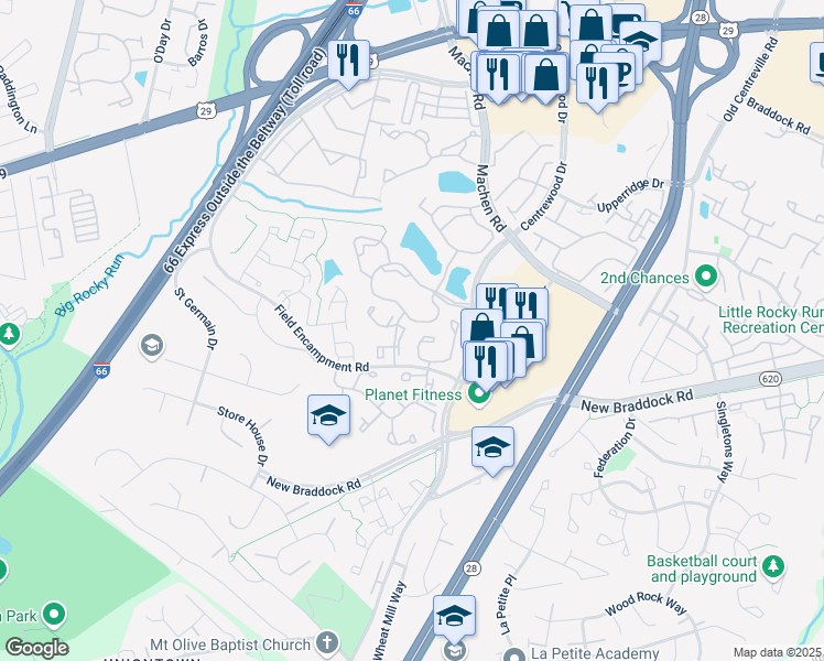 map of restaurants, bars, coffee shops, grocery stores, and more near 6201 Bella Drive in Centreville