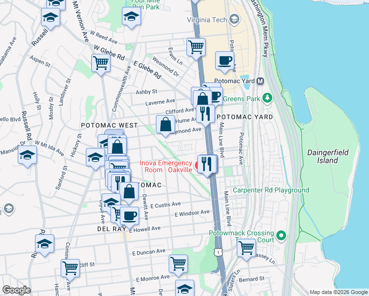 map of restaurants, bars, coffee shops, grocery stores, and more near 101 Independence Avenue Southeast in Washington