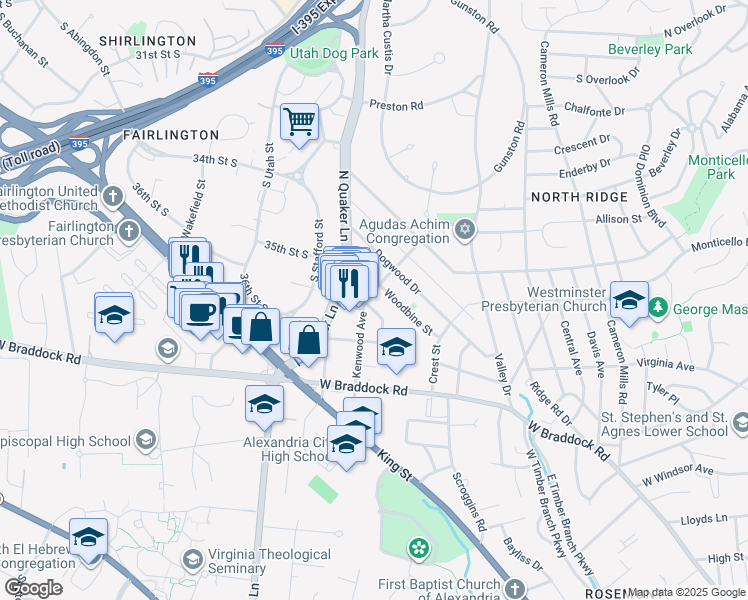map of restaurants, bars, coffee shops, grocery stores, and more near 1605 Fern Street in Alexandria