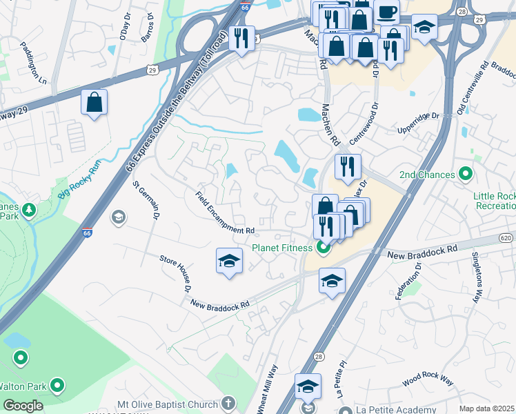 map of restaurants, bars, coffee shops, grocery stores, and more near 6230 Battalion Street in Centreville