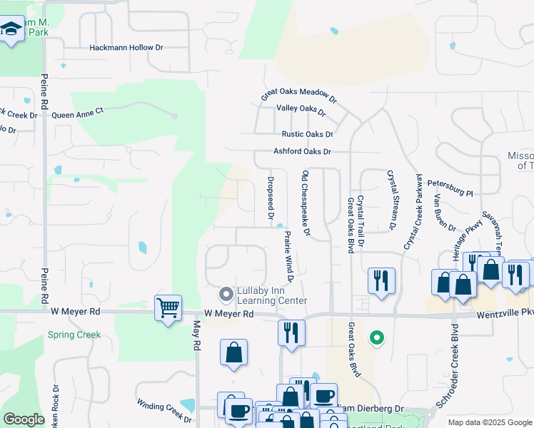map of restaurants, bars, coffee shops, grocery stores, and more near 1737 Fairview Farms Circle in Wentzville