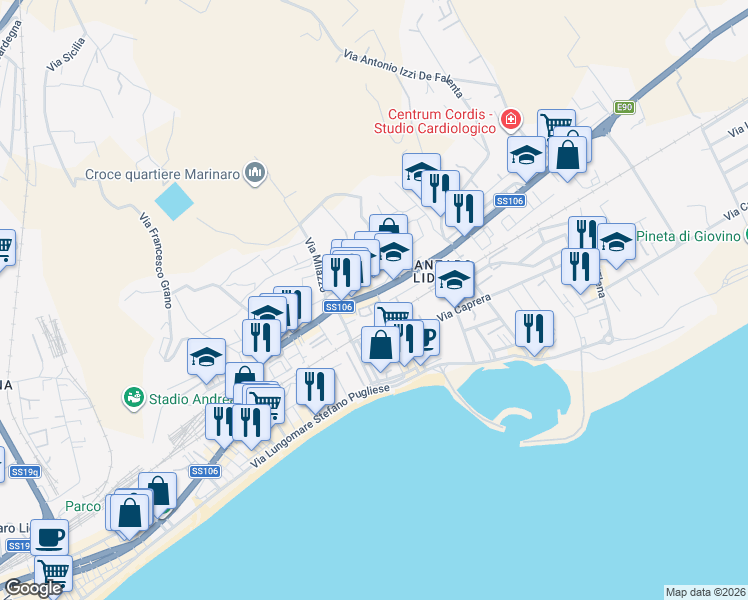map of restaurants, bars, coffee shops, grocery stores, and more near 154 Viale Crotone in Catanzaro