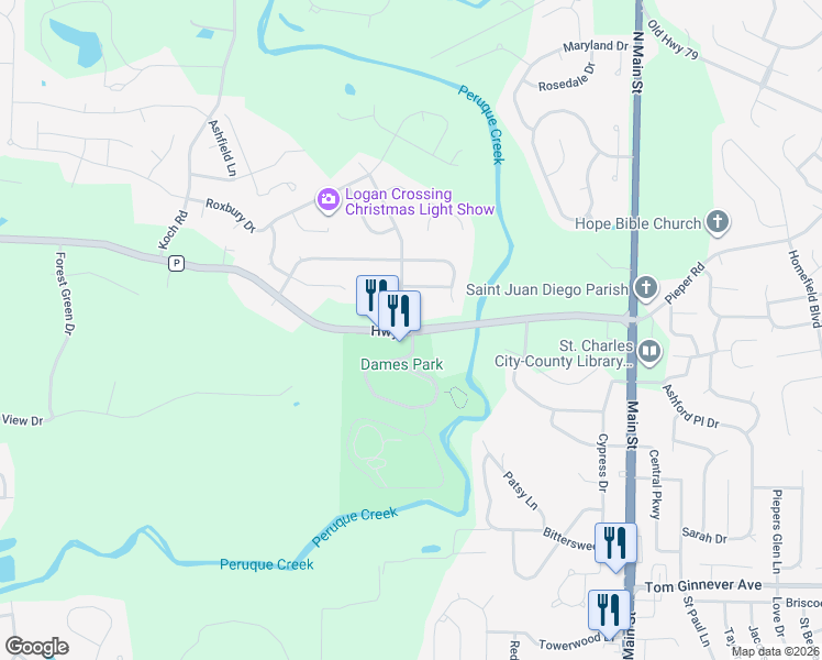 map of restaurants, bars, coffee shops, grocery stores, and more near 421 Highway P in O'Fallon