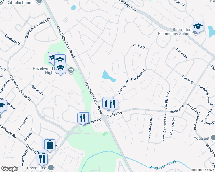 map of restaurants, bars, coffee shops, grocery stores, and more near 733 Watersedge Drive in Florissant
