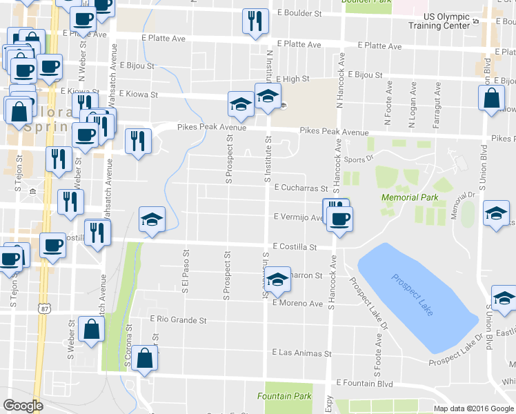 map of restaurants, bars, coffee shops, grocery stores, and more near 827 East Vermijo Avenue in Colorado Springs