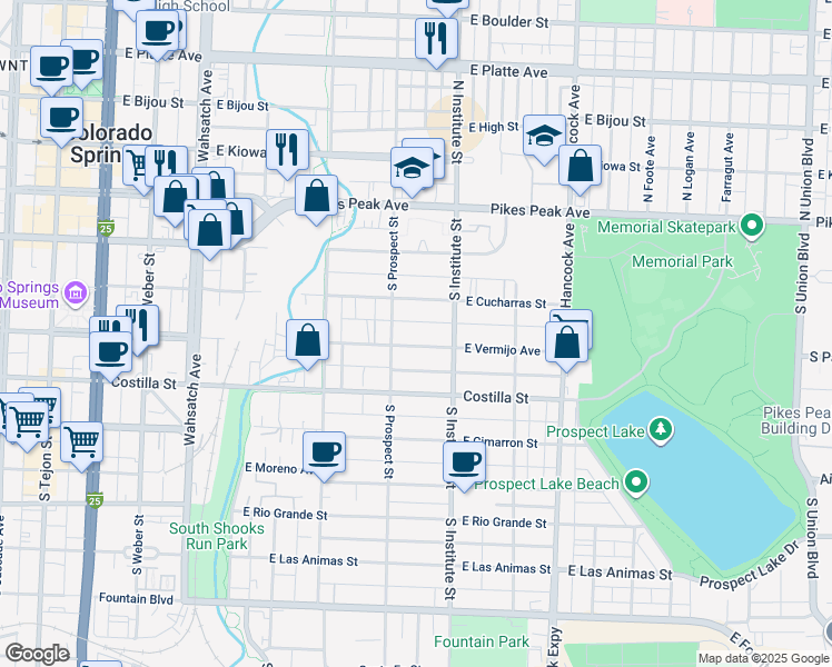map of restaurants, bars, coffee shops, grocery stores, and more near 827 East Vermijo Avenue in Colorado Springs