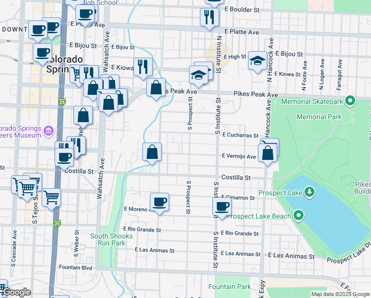 map of restaurants, bars, coffee shops, grocery stores, and more near 302 South Prospect Street in Colorado Springs