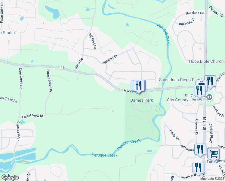 map of restaurants, bars, coffee shops, grocery stores, and more near 566 Highway P in O'Fallon