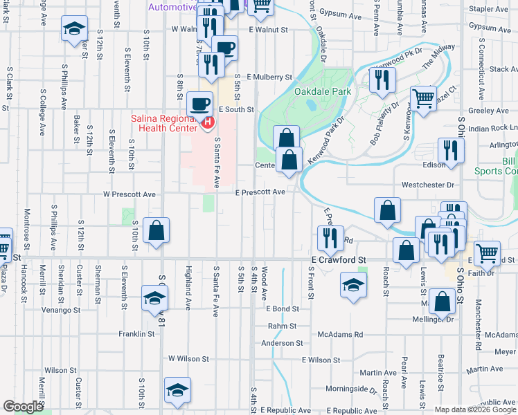 map of restaurants, bars, coffee shops, grocery stores, and more near 633 South 4th Street in Salina