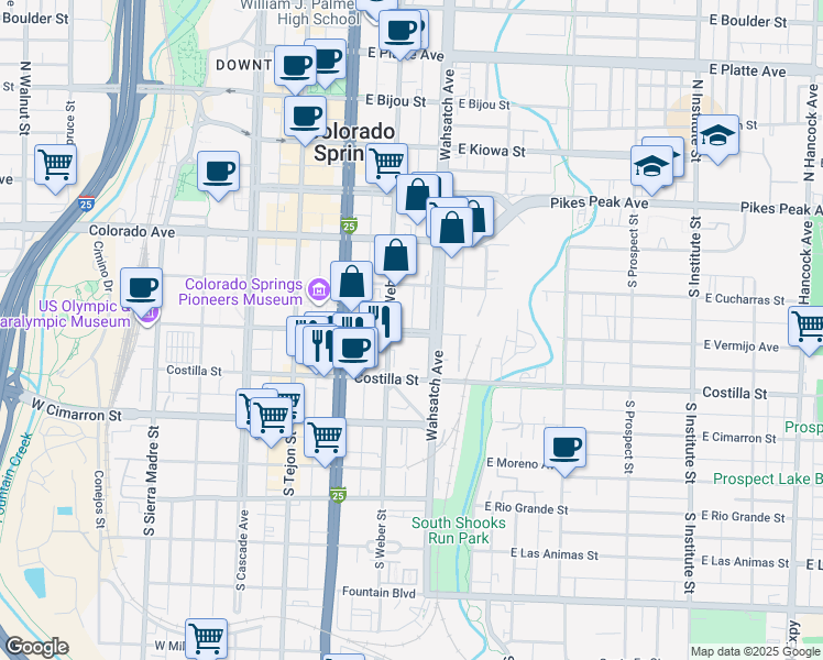 map of restaurants, bars, coffee shops, grocery stores, and more near 302 South Wahsatch Avenue in Colorado Springs