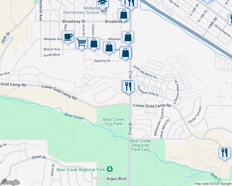 map of restaurants, bars, coffee shops, grocery stores, and more near 2210 Skyview Lane in Colorado Springs