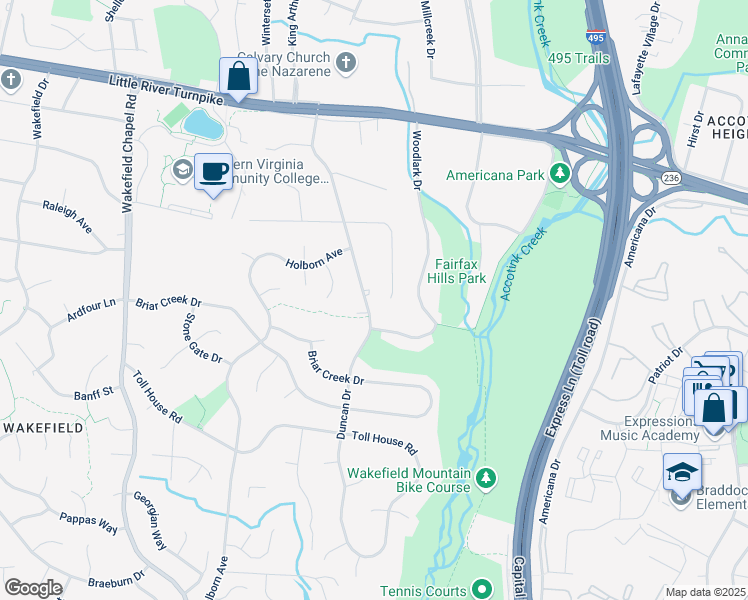 map of restaurants, bars, coffee shops, grocery stores, and more near 4333 Duncan Drive in Annandale