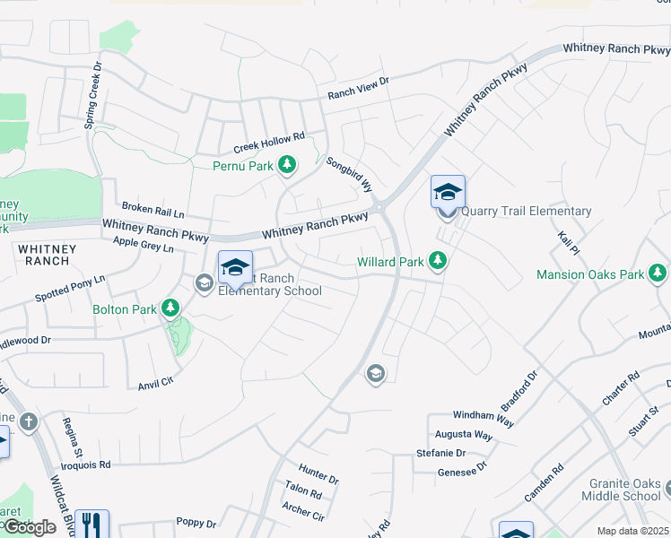 map of restaurants, bars, coffee shops, grocery stores, and more near 2814 Broken Bit Lane in Rocklin