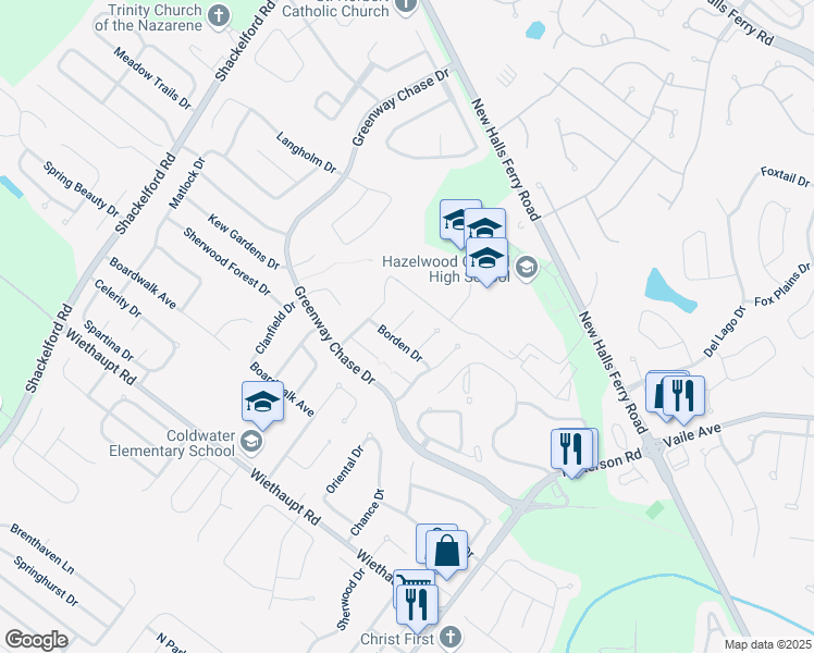 map of restaurants, bars, coffee shops, grocery stores, and more near 3242 Malinda Court in Florissant