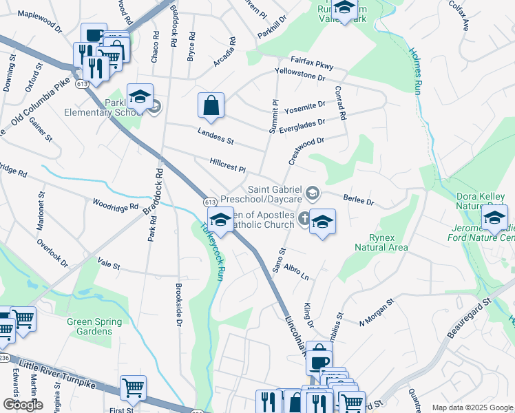 map of restaurants, bars, coffee shops, grocery stores, and more near 6339 Oak Ridge Drive in Alexandria