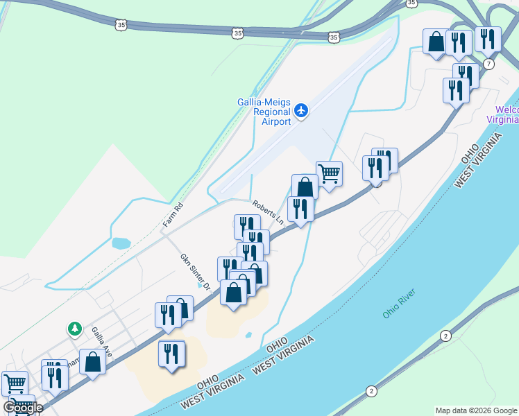 map of restaurants, bars, coffee shops, grocery stores, and more near 24 Roberts Lane in Gallipolis