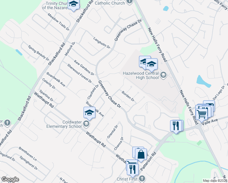 map of restaurants, bars, coffee shops, grocery stores, and more near 1243 Colbert Court in Florissant