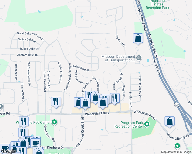map of restaurants, bars, coffee shops, grocery stores, and more near 267 Savannah Terrace in Wentzville