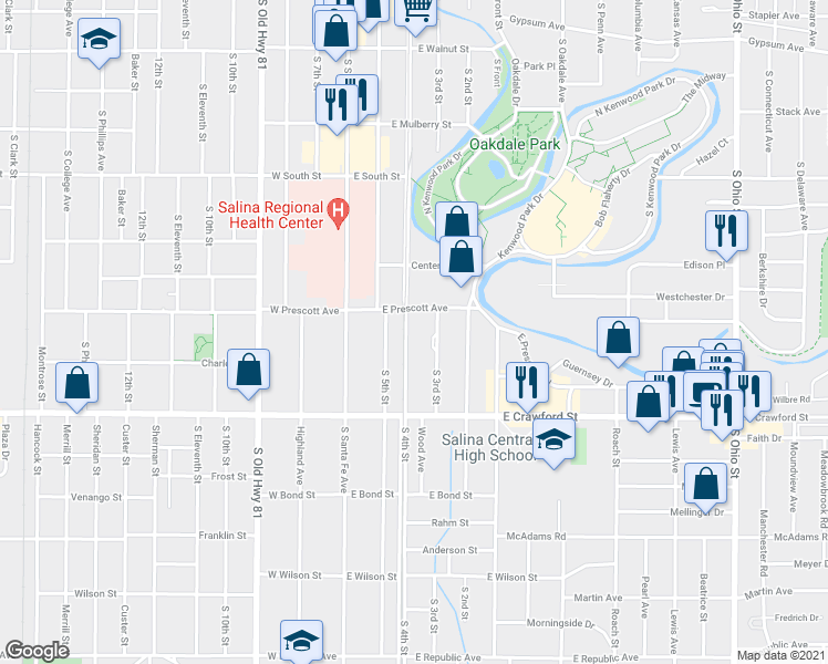 map of restaurants, bars, coffee shops, grocery stores, and more near 619 South 4th Street in Salina