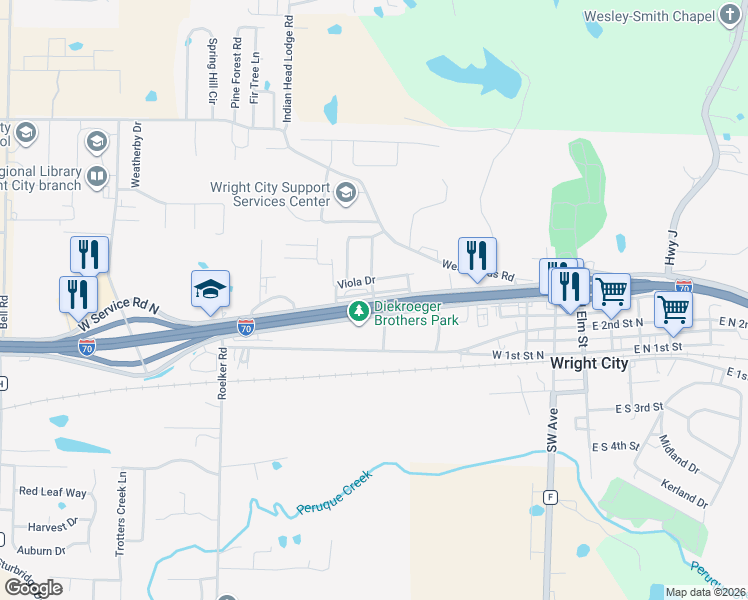 map of restaurants, bars, coffee shops, grocery stores, and more near 354-396 Old U.S. 40 in Wright City