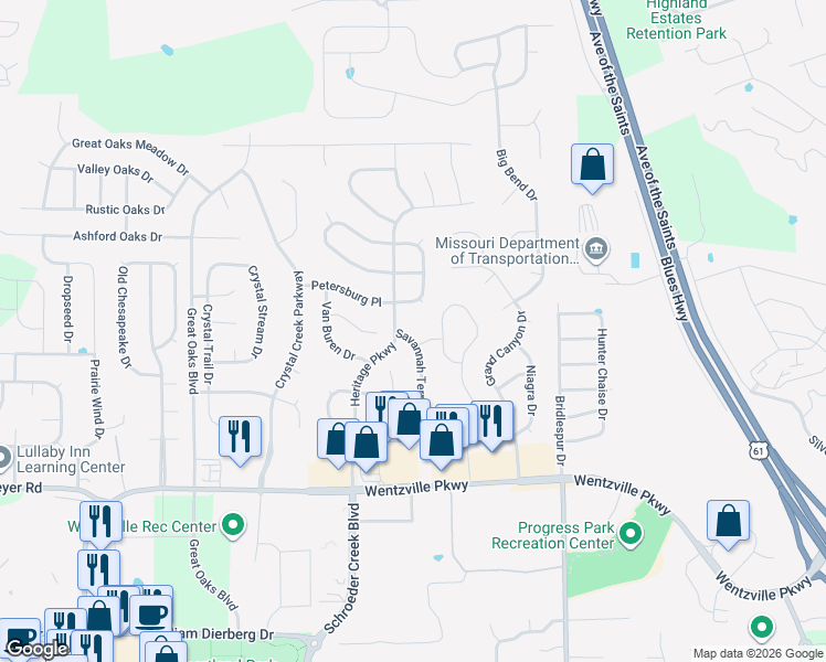 map of restaurants, bars, coffee shops, grocery stores, and more near 267 Savannah Terrace in Wentzville