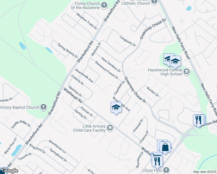 map of restaurants, bars, coffee shops, grocery stores, and more near 2947 Clanfield Drive in Florissant