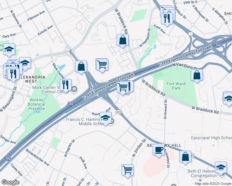 map of restaurants, bars, coffee shops, grocery stores, and more near 4641 Kenmore Avenue in Alexandria