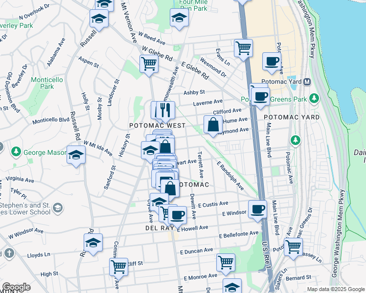 map of restaurants, bars, coffee shops, grocery stores, and more near 120 East Randolph Avenue in Alexandria