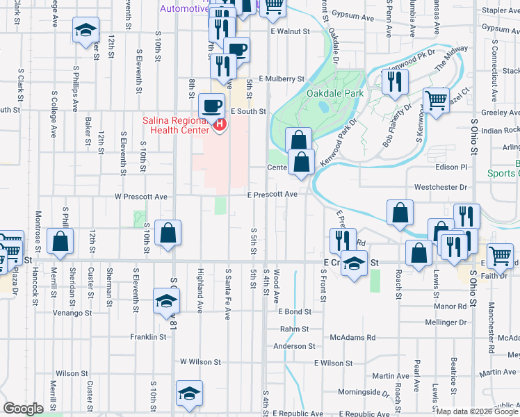 map of restaurants, bars, coffee shops, grocery stores, and more near 630 S 5th St in Salina