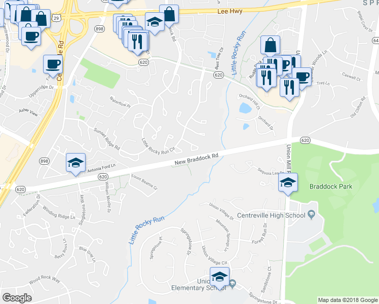 map of restaurants, bars, coffee shops, grocery stores, and more near 13655 Barren Springs Court in Centreville