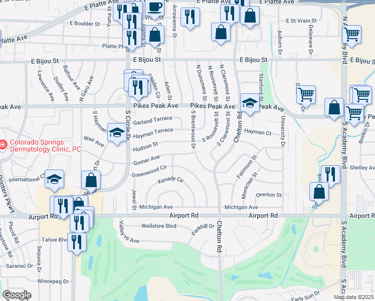 map of restaurants, bars, coffee shops, grocery stores, and more near 130 South Brentwood Drive in Colorado Springs
