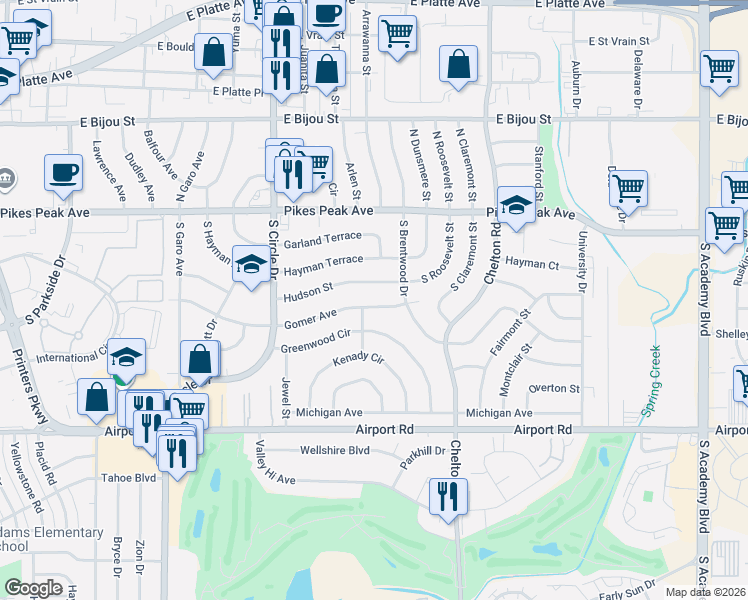 map of restaurants, bars, coffee shops, grocery stores, and more near 3102 Greenwood Circle in Colorado Springs