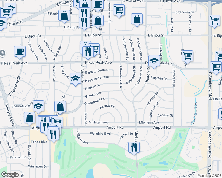 map of restaurants, bars, coffee shops, grocery stores, and more near 3102 Greenwood Circle in Colorado Springs