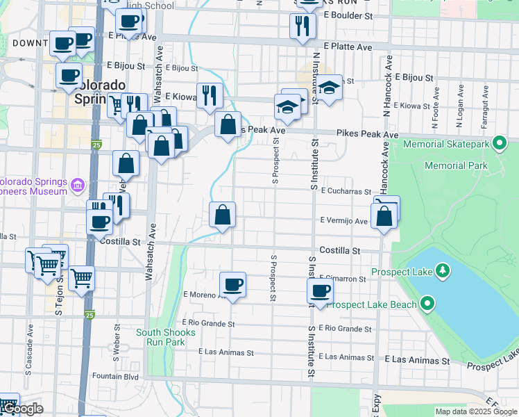 map of restaurants, bars, coffee shops, grocery stores, and more near 302 South Prospect Street in Colorado Springs