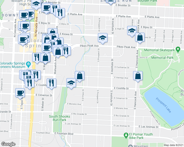 map of restaurants, bars, coffee shops, grocery stores, and more near 302 South Prospect Street in Colorado Springs