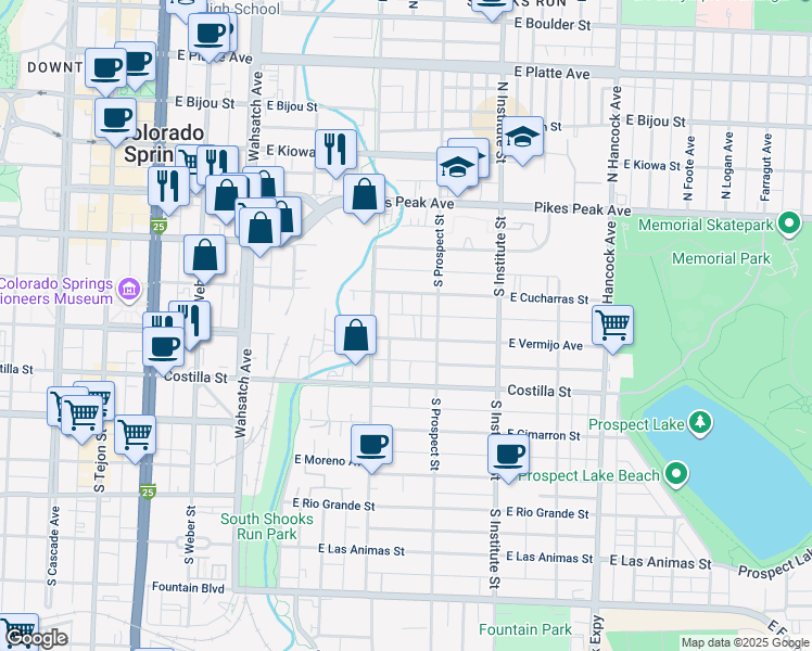 map of restaurants, bars, coffee shops, grocery stores, and more near 715 East Vermijo Avenue in Colorado Springs