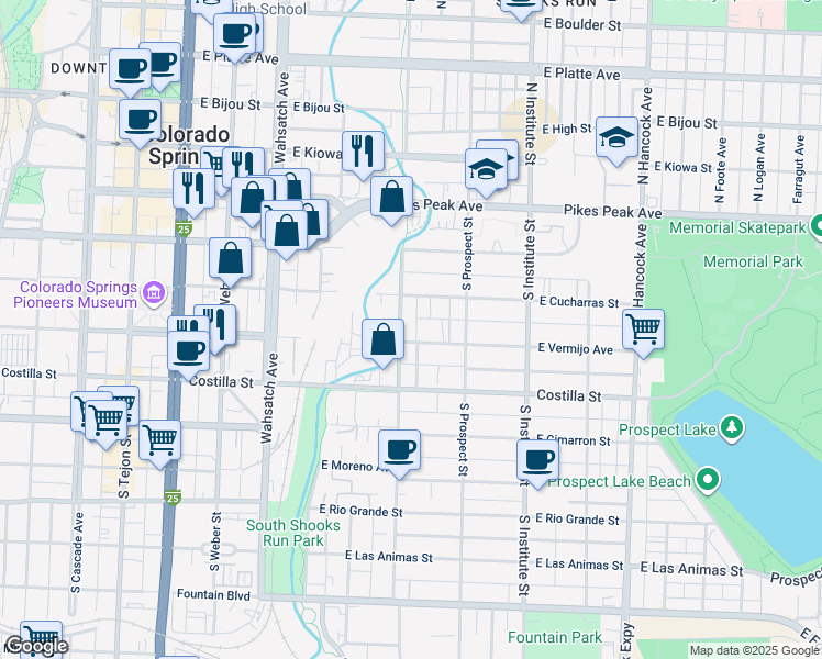 map of restaurants, bars, coffee shops, grocery stores, and more near 715 East Vermijo Avenue in Colorado Springs