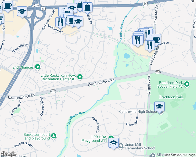 map of restaurants, bars, coffee shops, grocery stores, and more near 13655 Barren Springs Court in Centreville