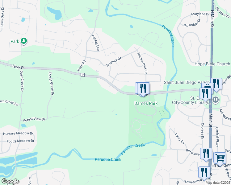 map of restaurants, bars, coffee shops, grocery stores, and more near 566 Highway P in O'Fallon