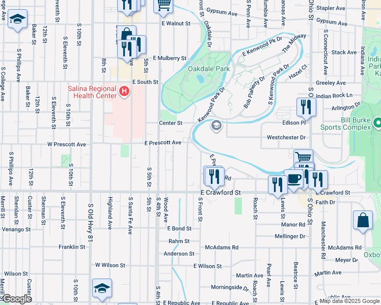 map of restaurants, bars, coffee shops, grocery stores, and more near 634 South Front Street in Salina