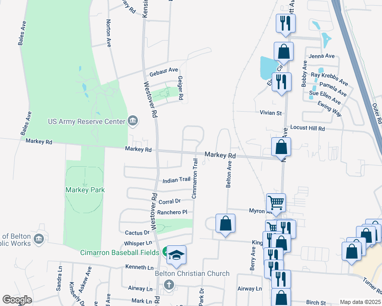 map of restaurants, bars, coffee shops, grocery stores, and more near 414 Markey Road in Belton