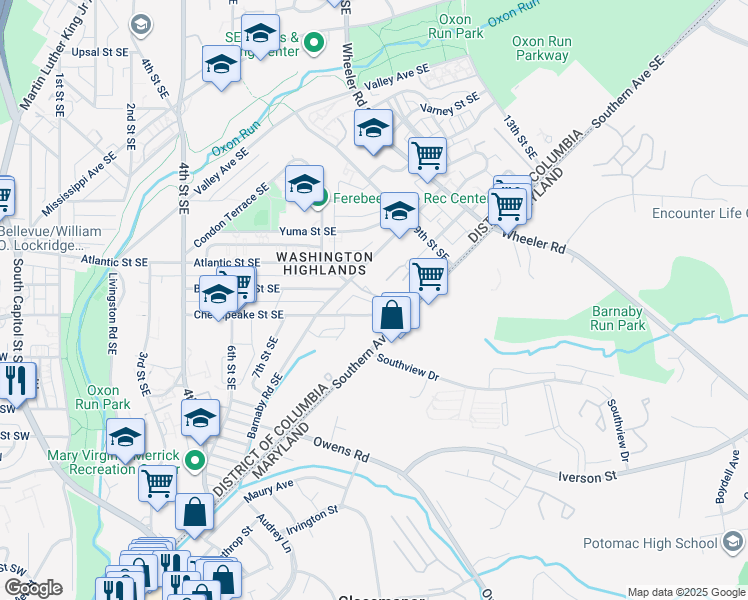 map of restaurants, bars, coffee shops, grocery stores, and more near 829 Hr Drive Southeast in Washington