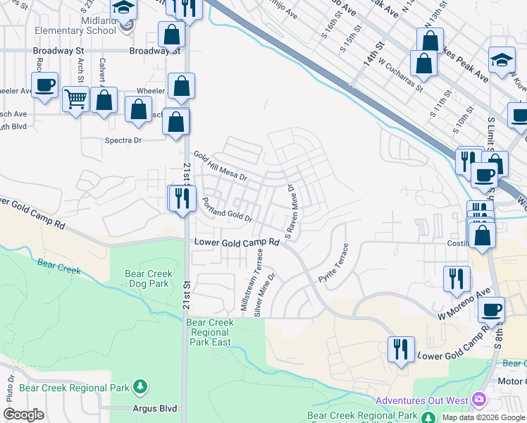 map of restaurants, bars, coffee shops, grocery stores, and more near 180 Millstream Terrace in Colorado Springs