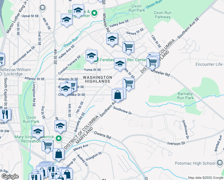 map of restaurants, bars, coffee shops, grocery stores, and more near 829 Hr Drive Southeast in Washington