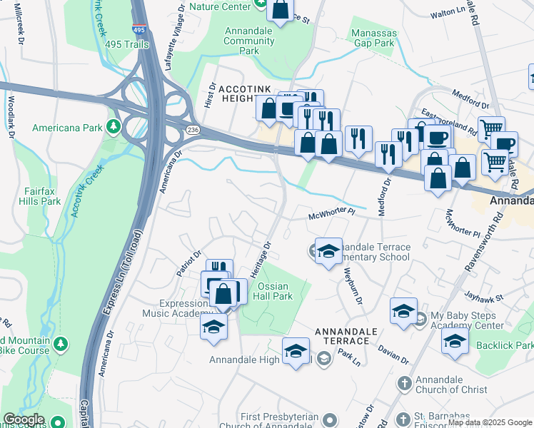 map of restaurants, bars, coffee shops, grocery stores, and more near 7711 Donnybrook Court in Annandale