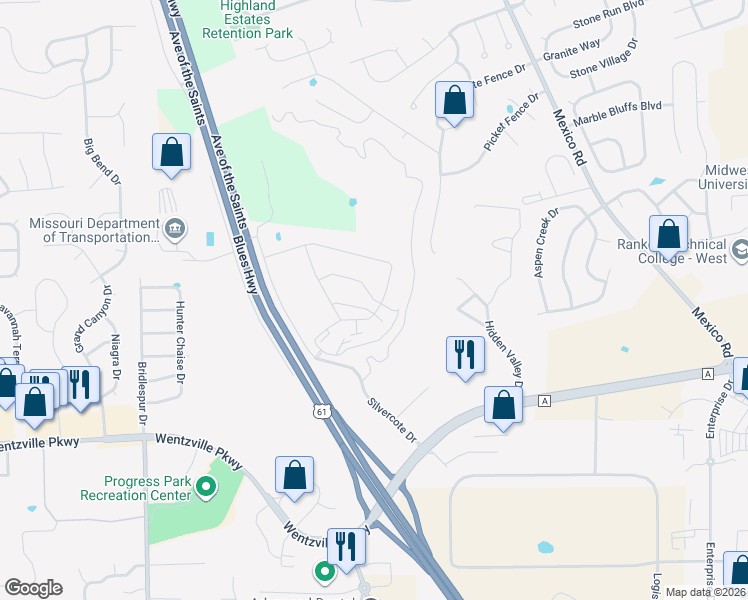 map of restaurants, bars, coffee shops, grocery stores, and more near Dry Brook Road in Wentzville