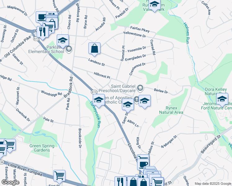map of restaurants, bars, coffee shops, grocery stores, and more near 6339 Oak Ridge Drive in Alexandria