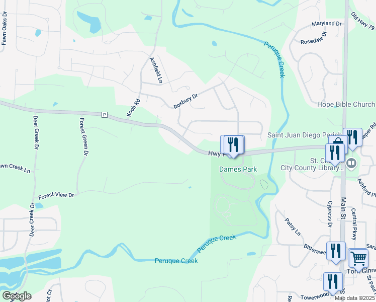 map of restaurants, bars, coffee shops, grocery stores, and more near 566 Highway P in O'Fallon