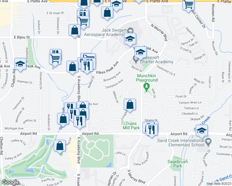 map of restaurants, bars, coffee shops, grocery stores, and more near 119 Milton Drive in Colorado Springs